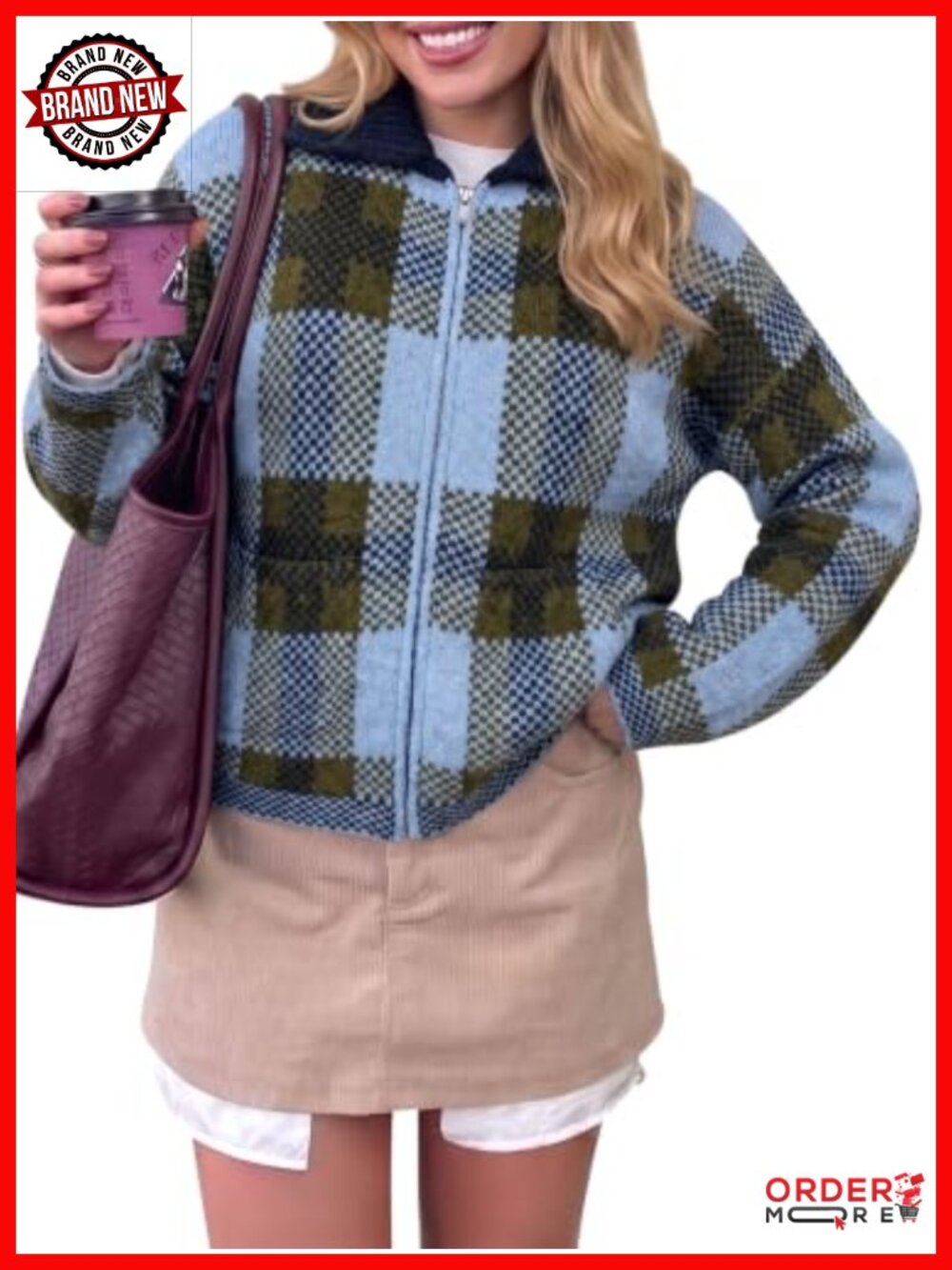 Plaid Color Block Zip Up Cardigan Sweater Jacket Collared Long Sleeve